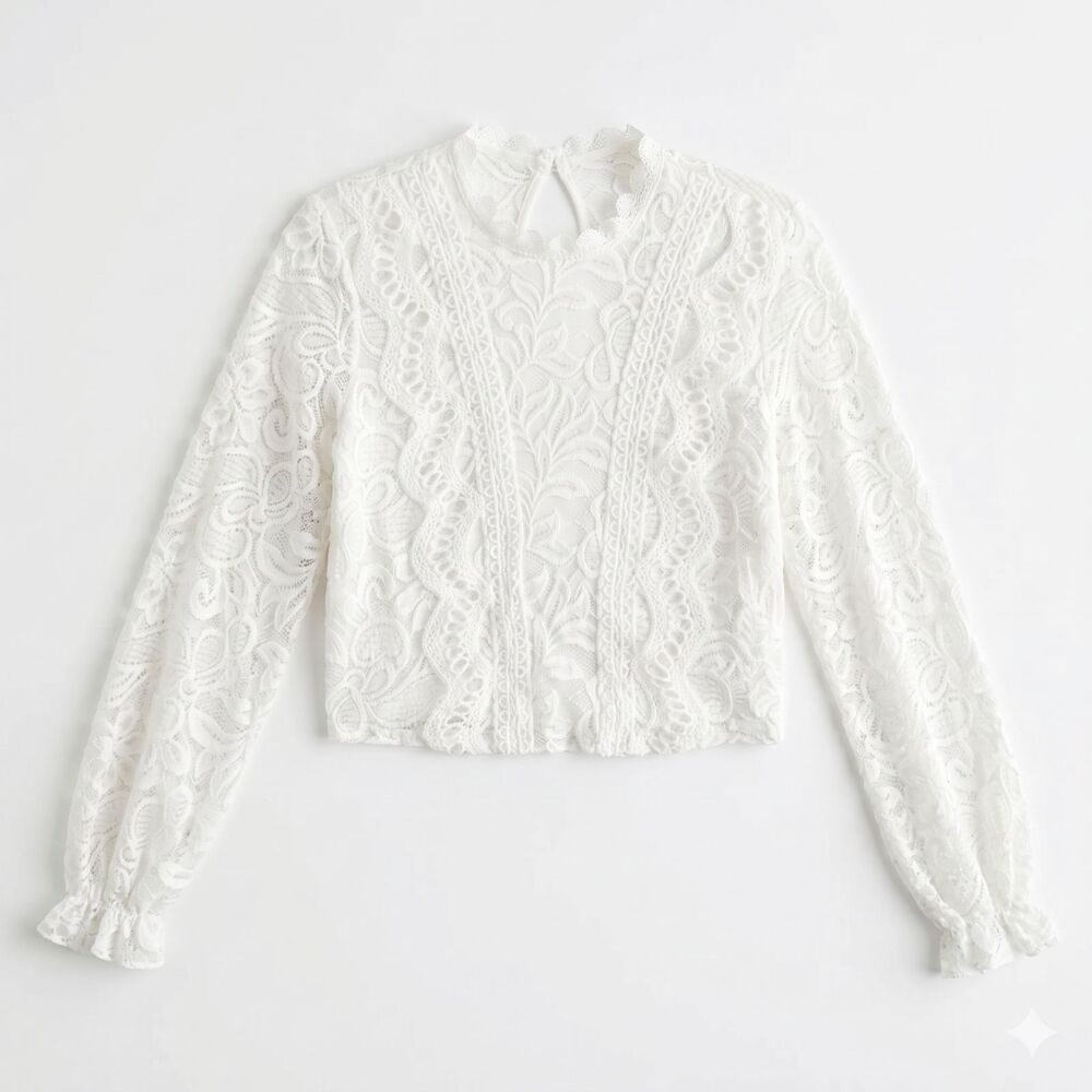 Women's White Lace Blouse Crop Top Women’s Sz S White Ruffle Boho Cottage Praire - Picture 2 of 15